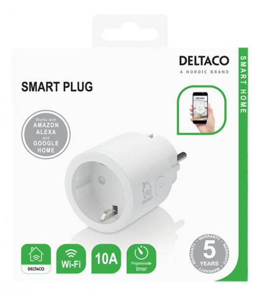 DELTACO SMART HOME älypistorasia, Wi-Fi, 2,4 GHz, 1 x CEE 7/3, 10 A, ajastin, 220 - 240 V, valkoinen