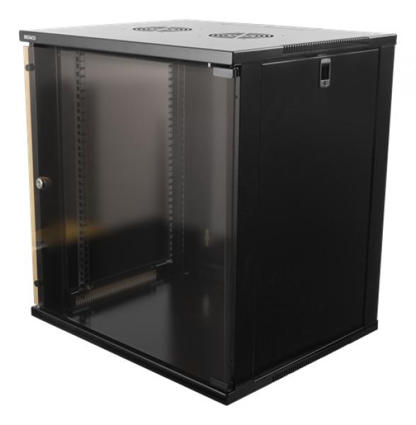 DELTACO 19" räkkikaappi, 12U, 540 x 450 mm, toimii lattiamallisena tai seinälle asennettuna, lasiovi, musta