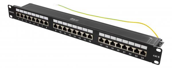 DELTACO STP-kytkentäpaneeli, 24 x RJ45, Cat6, 10 Gbps, Krone-rimat, 1U, 19", metallia, musta