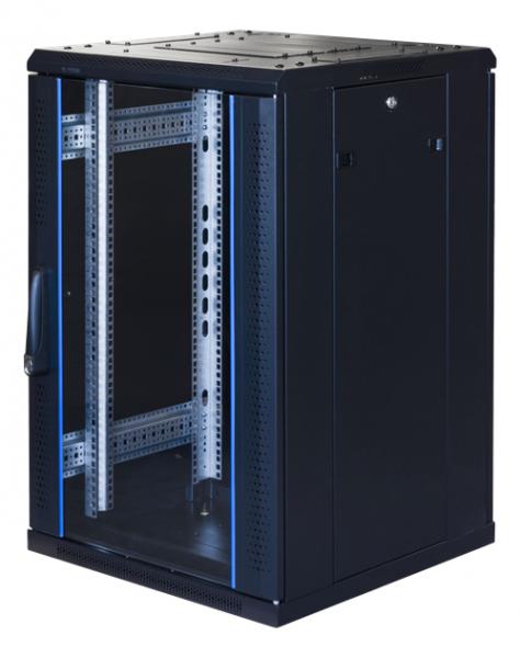 TOTEN G9, 19" lattiakaappi, 18U, 600 x 600, lukittava lasiovi edessä, metallinen takaovi, max 800 kg, musta