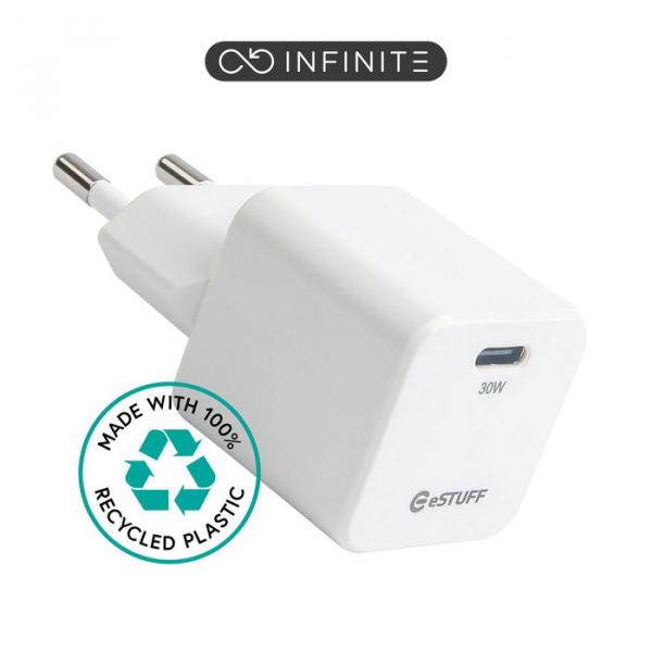 eSTUFF INFINITE USB-C-laturi EU PD 30W GaN. - Valkoinen - 100% kierrätettyä muovia