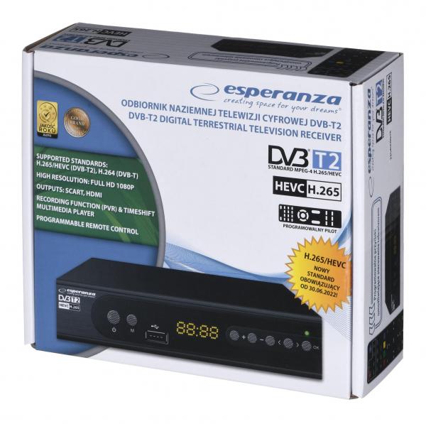 Digiboksi Antenni DVB-T2 Tuner TV Esperanza Tuner DVB-T2 EV106P H.265 +USB/HDMI/EURO