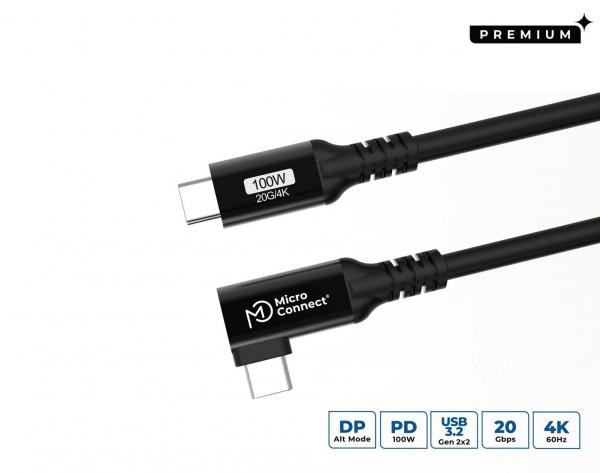 MicroConnect USB-C - USB-C Premium-kaapeli 0,5m, 100W, 20Gbps, USB 3.2 Gen 2x2, kulmamalli