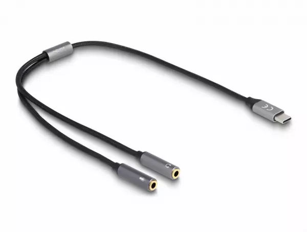 Delock Headset Adapter USB Type-CT male DAC 24 Bit / 96 kHz Hi-Res to 2 x 3.5 mm 3 pin Stereo jack female